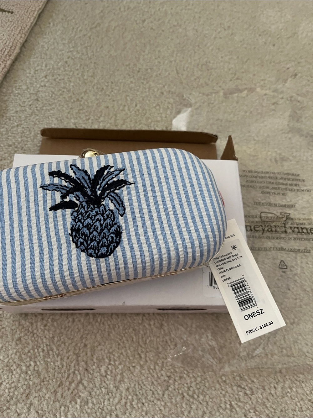 Vineyard Vines embroidered pineapple blue and white striped clutch or crossbody.
